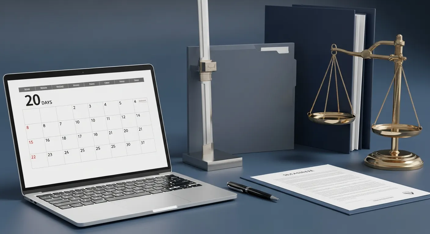 20日のカレンダーを表示したノートパソコンと届出書類。所有者変更届の期限のイメージ