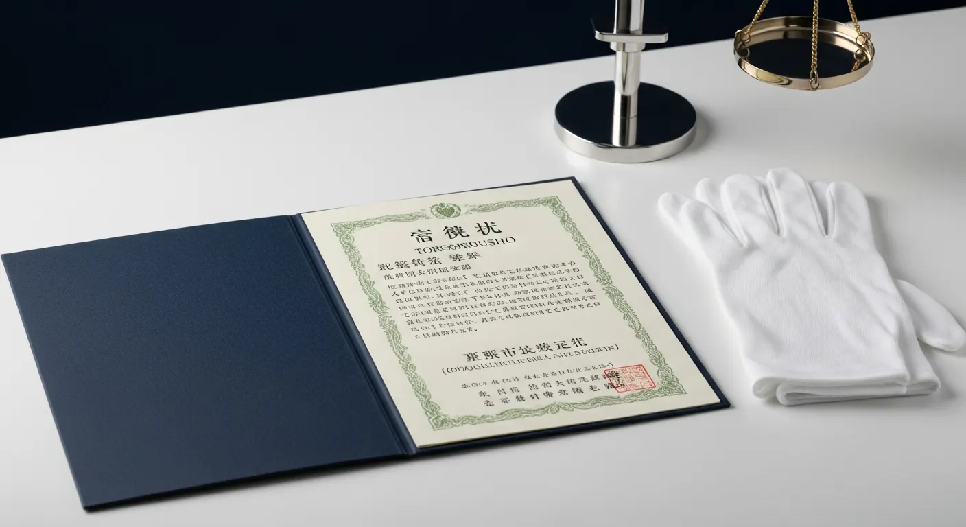 机の上に開いて置かれた証書と白手袋。銃砲刀剣類登録証のイメージ
