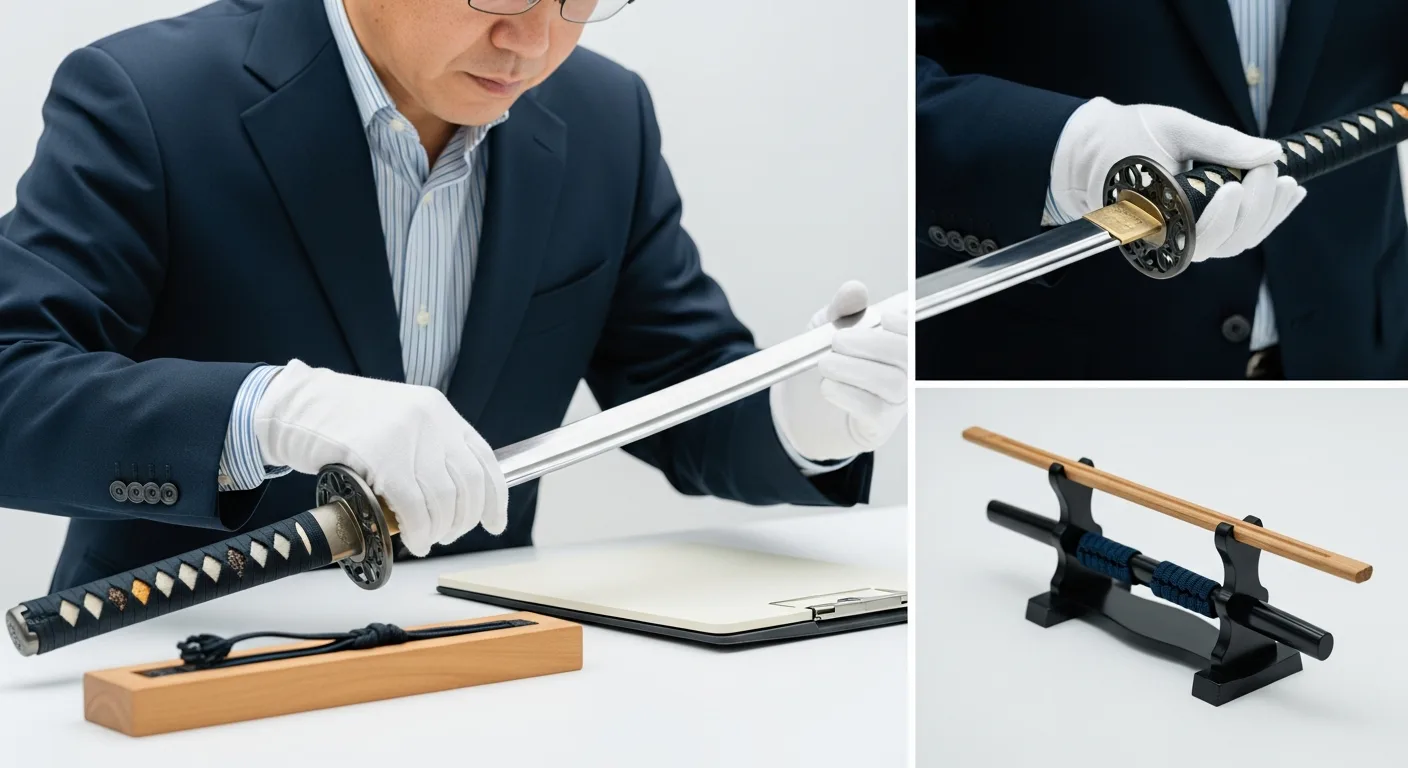 白手袋を着けて刀身の状態を確認する査定の様子