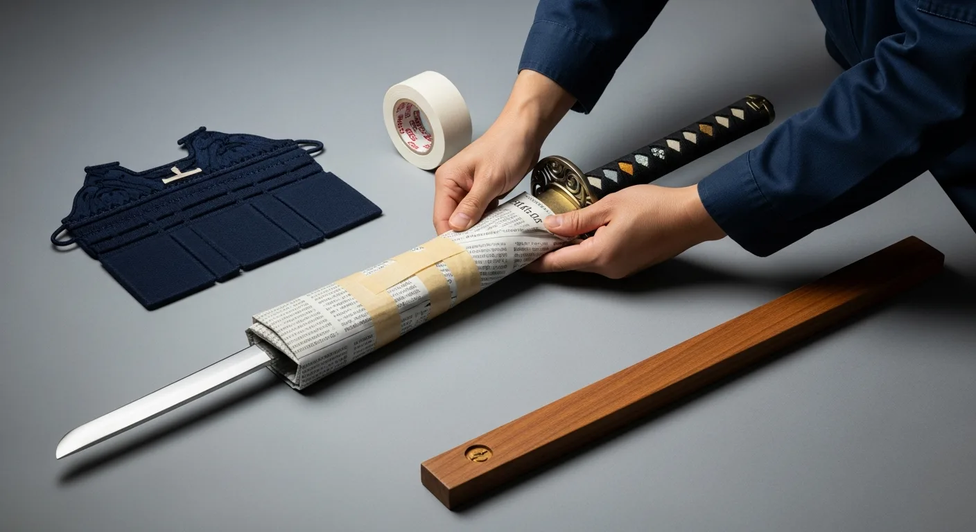 鞘に納めた模造刀を古布で包み、テープで固定する手順
